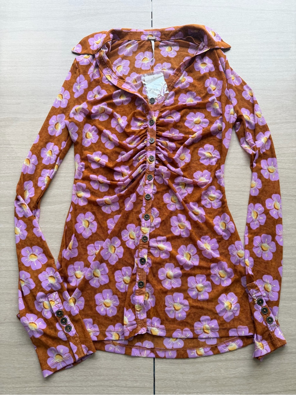 NWT Free People Women’s Rust Floral Button-Front Ruched Long Sleeve Top XS